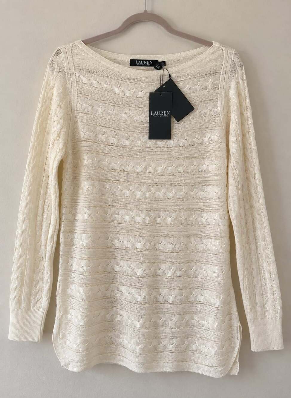 Lauren Ralph Lauren Ivory Horizontal Cable Knit Boatneck Sweater Womens L NWT
